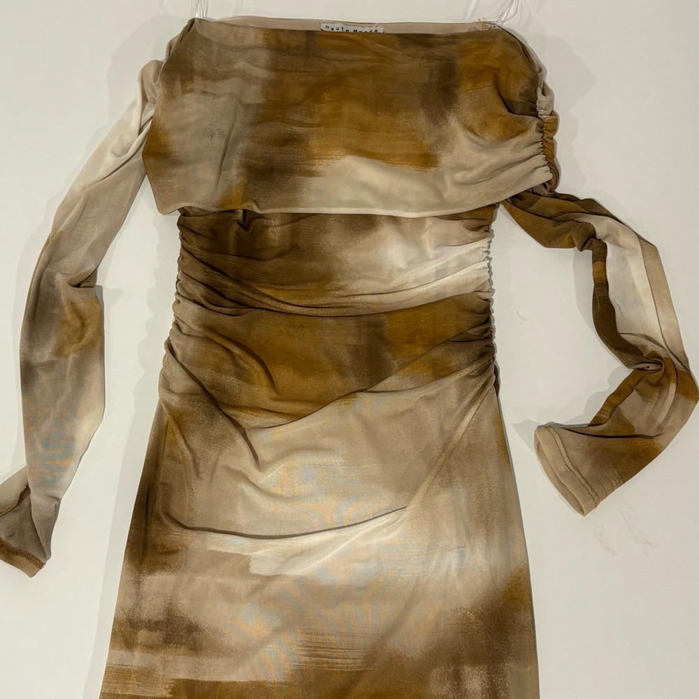 Haute Monde Cream Tan Off-Shoulder Ruched Dress